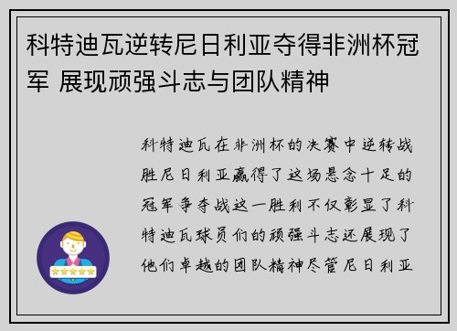 科特迪瓦逆转尼日利亚夺得非洲杯冠军 展现顽强斗志与团队精神